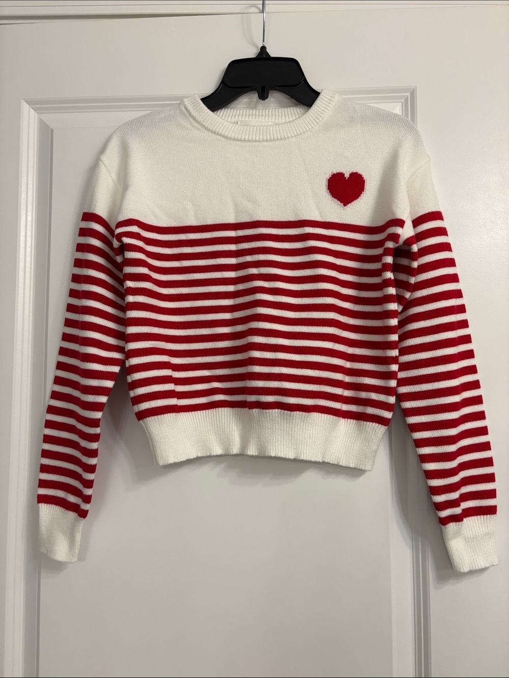 NWOT Red & White Striped Crewneck Sweater with Heart Detail